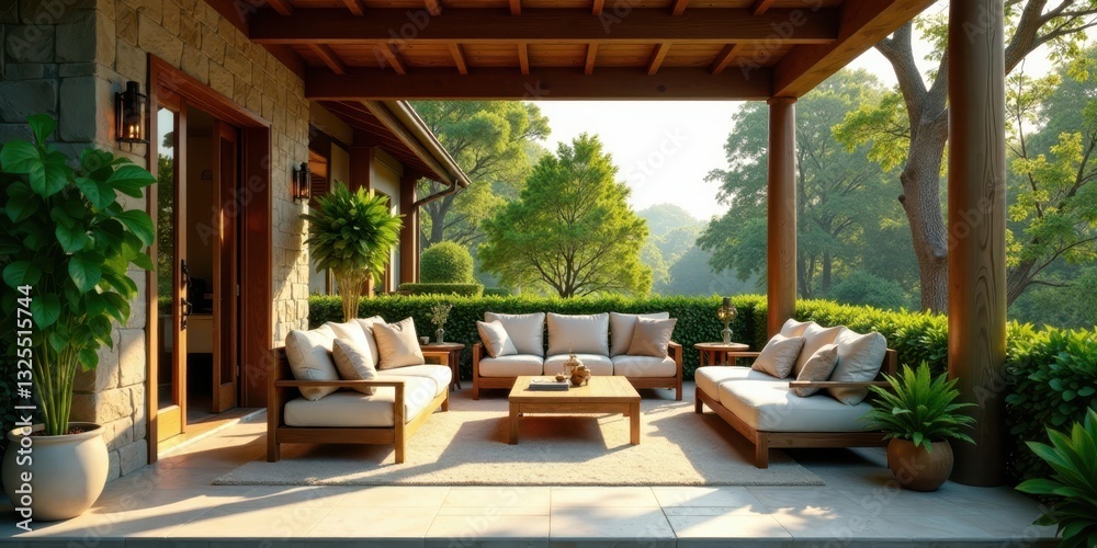Fototapeta premium Tranquil outdoor patio scene with wooden furniture, lush greenery, and a view of trees