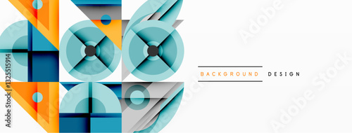 Geometric abstract composition with intersecting shapes, circles, triangles, and gradients, blending vibrant colors and dynamic contrasts to create a modern, futuristic visual design