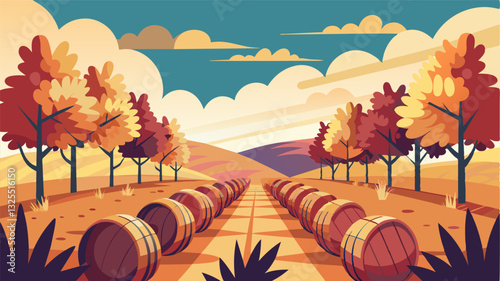 The sound of a gentle breeze rustles through the vineyard the only movement in an otherwise still and desolate landscape dotted with rows of empty wine barrels.. Vector illustration