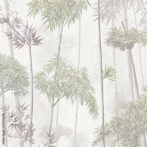 Wallpaper textile pattern with natural leaves and trees background mountain and sky sunset.
