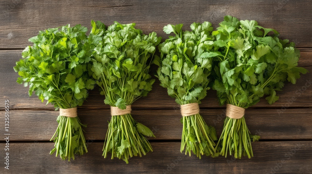 Fresh cilantro bundles market stall food display rustic setting overhead view culinary inspiration Fresh cilantro bundles market stall food display rustic setting overhead view culinary inspiration