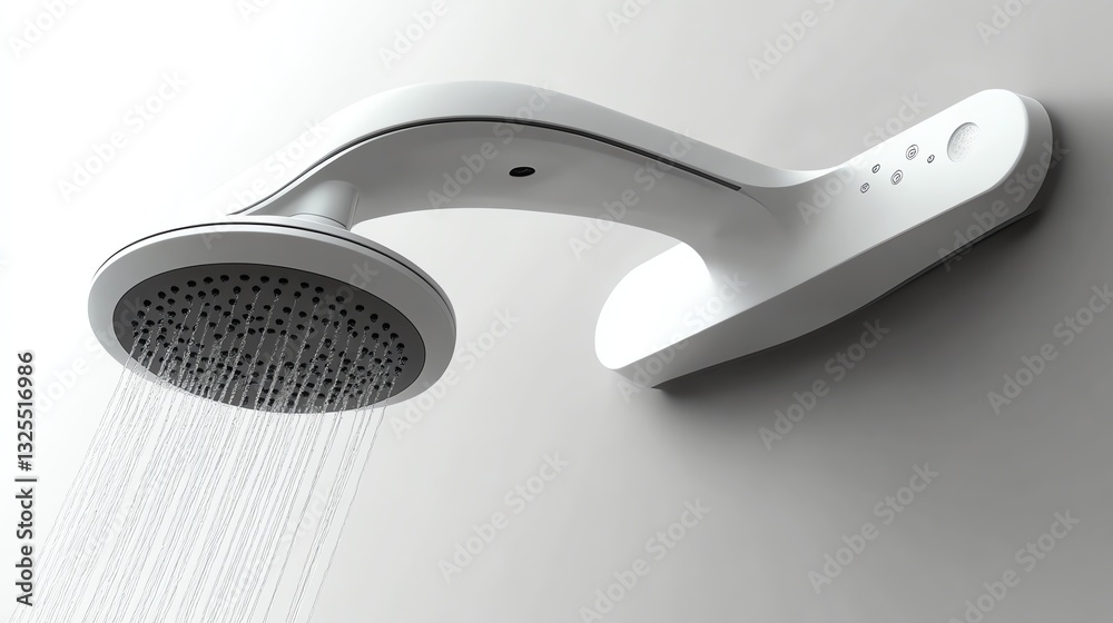 A sleek modern showerhead with a minimalist design, featuring a curved shape and water flow, mounted on a light-colored wall. A sleek modern showerhead with a minimalist design, featuring a curved shape and water flow, mounted on a light-colored wall.