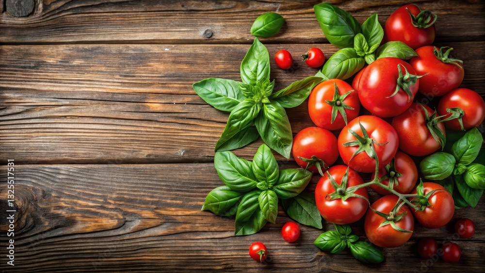 Fresh red tomatoes and fragrant basil leaves arranged on a reclaimed wood table with earthy tones and natural textures, farmhouse style, food foraging Fresh red tomatoes and fragrant basil leaves arranged on a reclaimed wood table with earthy tones and natural textures, farmhouse style, food foraging