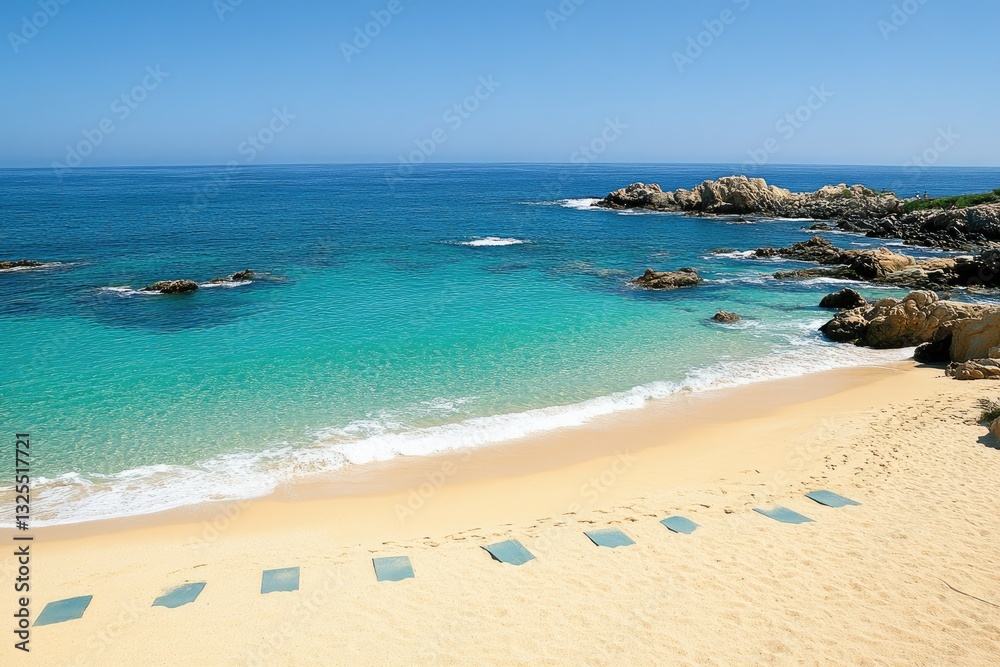 Tranquil beach scene with turquoise water, sandy shore, and stepping stones Tranquil beach scene with turquoise water, sandy shore, and stepping stones