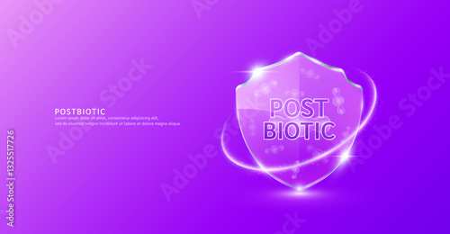 Postbiotic bacteria in translucent glass shield modern surrounded by glowing ring. Good bacterial flora for stomach intestine. Health care immunity. For design dietary supplement products ads. Vector.