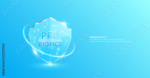 Probiotic bacteria in translucent glass shield modern surrounded by glowing ring. Good bacterial flora for stomach intestine. Health care immunity. For design dietary supplement products ads. Vector.