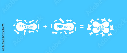 Prebiotic combine with probiotic form synbiotic. Infographics on blue background. Good bacterial flora for stomach and intestine. Health care immunity support. Banner vector EPS10.