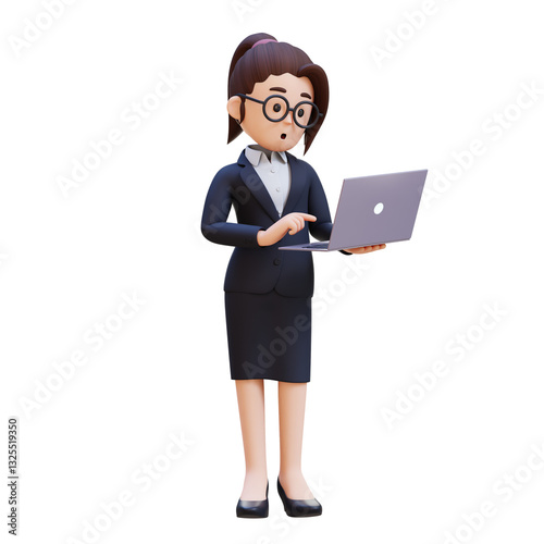 A woman in a suit is standing confused working on a laptop