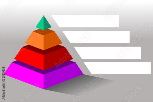 Infographic hierarchical statistical illustration of green with orange with purple and red triangle divided , Pyramid shape four layers for presenting business ideas or disparity