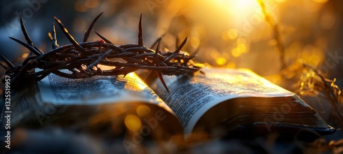 The Holy Bible lies beside a wooden cross, symbolizing faith and hope during Easter.