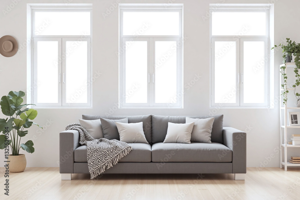 Fototapeta premium Modern living room grey sofa black white blanket white shelf