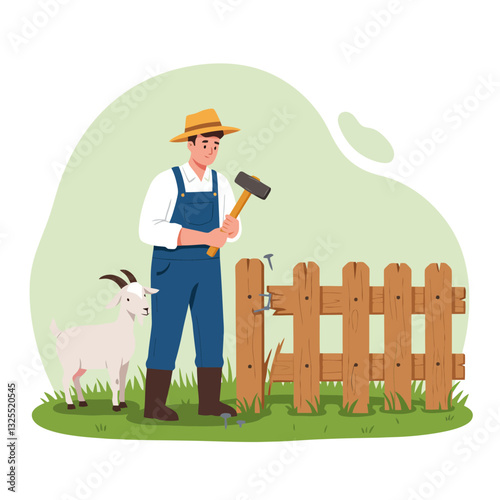 Farmer Repairing Wooden Fence with Hammer on Farm with Goat