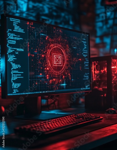 computer monitor displaying code with red and blue lighting 