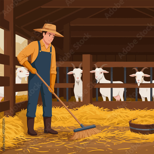 Man Sweeping Hay in Barn with Goats Inside Pen Illustration