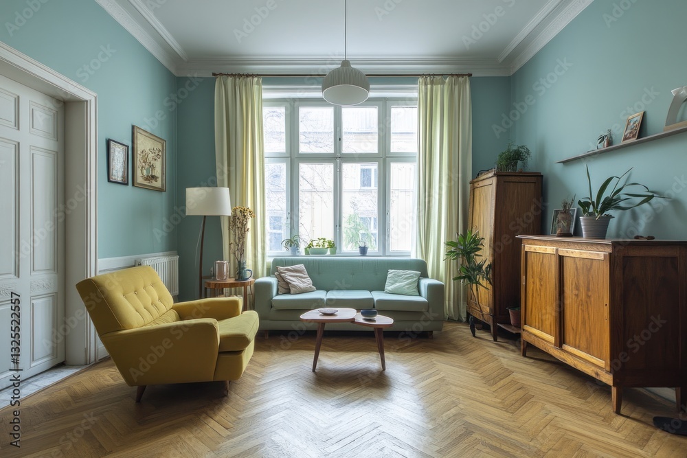 Bright living room with teal walls, hardwood floors, vintage furniture, and large window. Bright living room with teal walls, hardwood floors, vintage furniture, and large window.