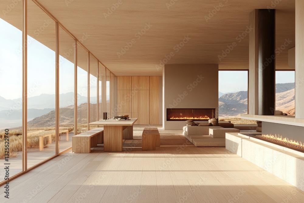 Fototapeta premium Modern living room interior with wooden floor and cabinet, dining table and sofa near a fireplace in a minimalist home design