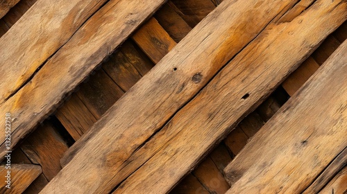 Wooden planks arranged in a diagonal pattern demonstrating rustic texture and natural aging in warm tones found in an outdoor setting