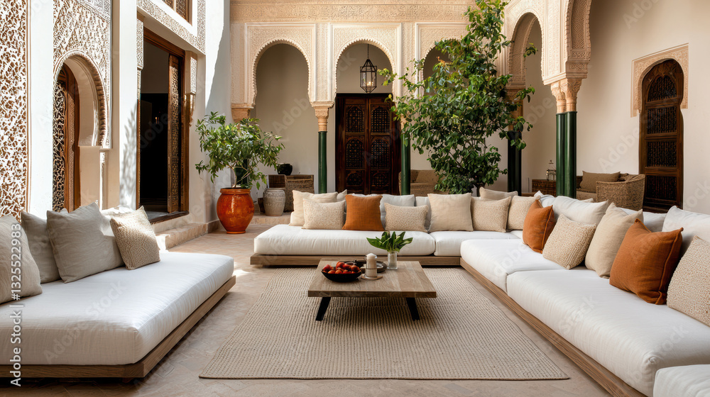 Fototapeta premium Spacious interior courtyard with elegant sofas, plush cushions, surrounding greenery, and arched hallways, exuding warmth and intimate elegance.