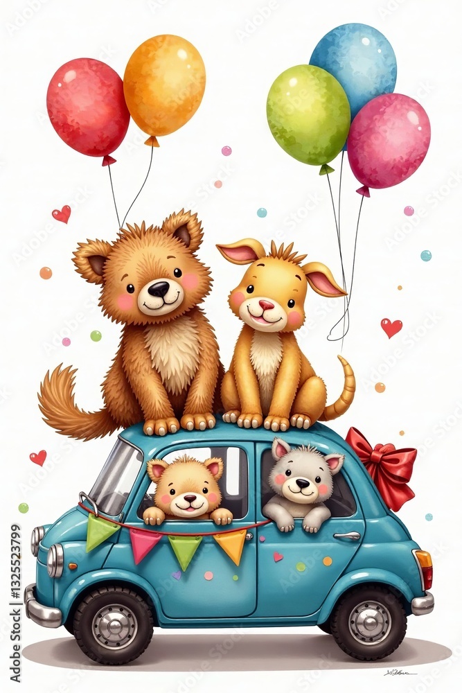 Fototapeta premium A cheerful illustration of cute animals celebrating in a colorful car with balloons.