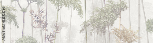 Wallpaper textile pattern with natural leaves and trees background mountain and sky sunset.