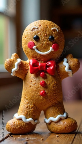 A cheerful gingerbread cookie character with a red bow tie, perfect for festive themes.