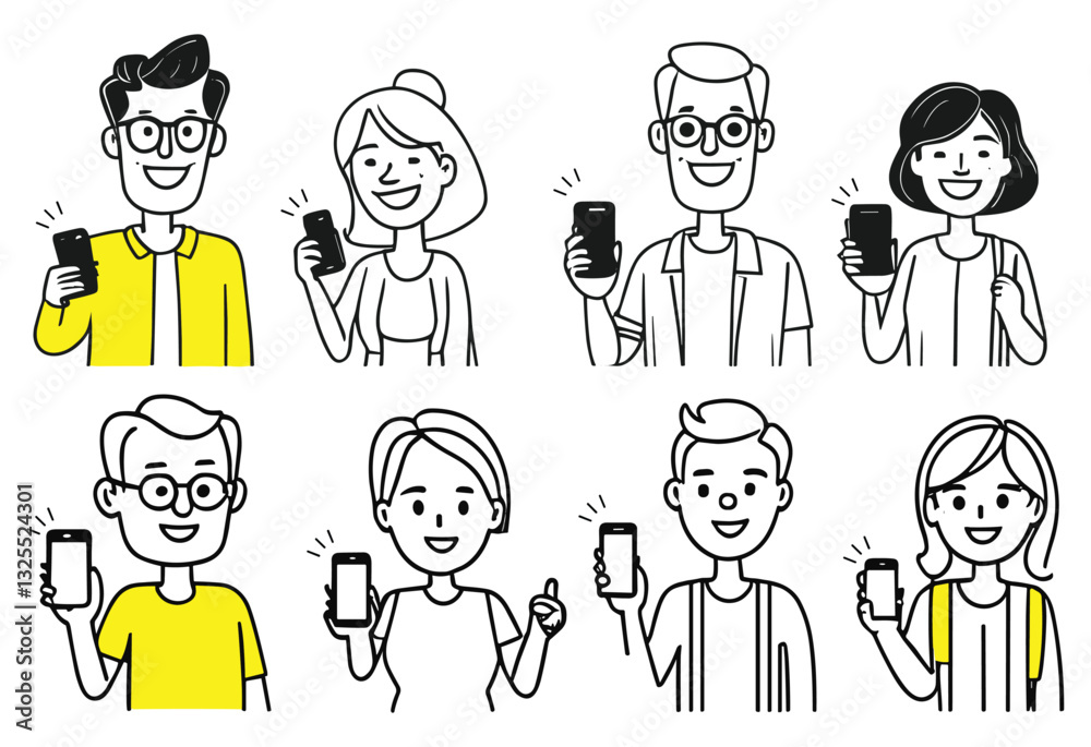 A group of people are holding cell phones and smiling. Concept of happiness and connection through technology A group of people are holding cell phones and smiling. Concept of happiness and connection through technology