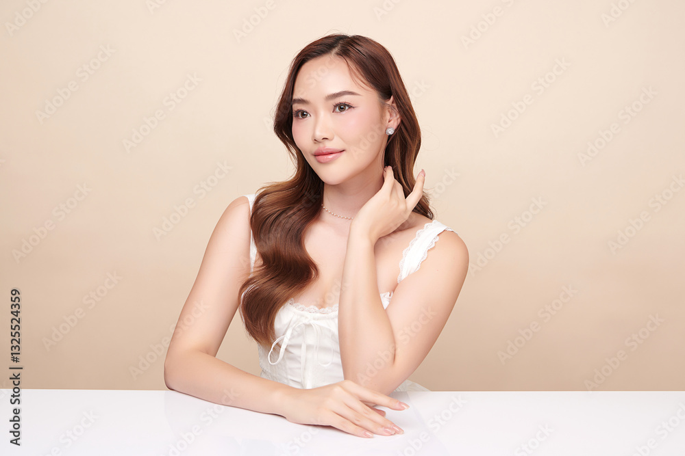 A beautiful young Asian woman with clean, fresh skin against a beige background. She represents beauty, skincare, and spa treatments. A beautiful young Asian woman with clean, fresh skin against a beige background. She represents beauty, skincare, and spa treatments.