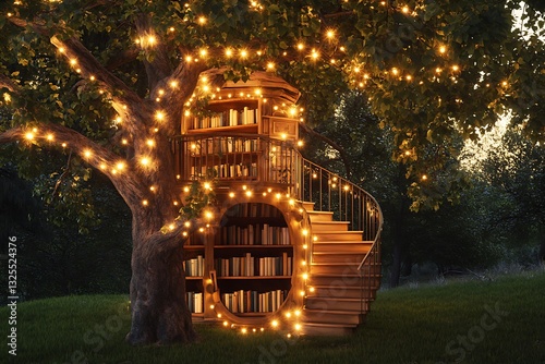 Treehouse library lit with fairy lights in forest; inspiration, reading, education
