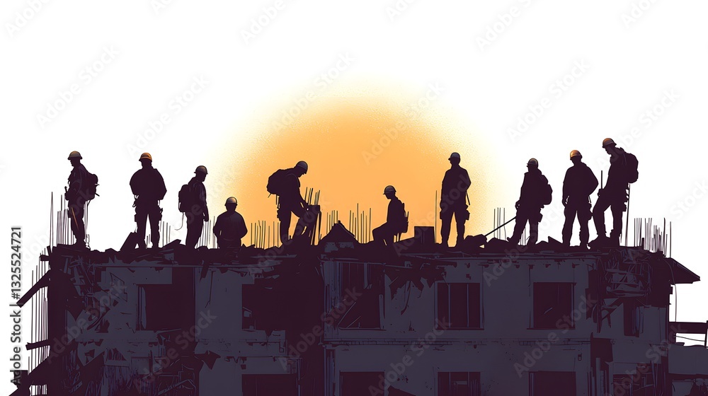 Silhouettes of construction workers on a rooftop Silhouettes of construction workers on a rooftop