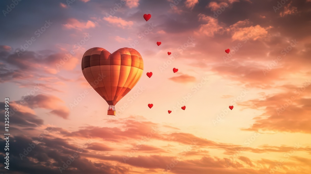 Obraz premium Whimsical Heart Balloon Soaring Through Romantic Sunset Sky Dreamscape
