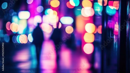 Night city street scene with blurred figures, vibrant bokeh lights photo
