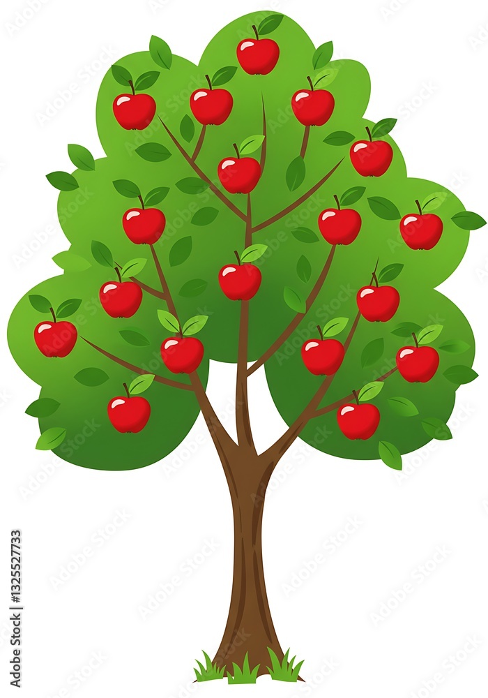 Cartoon Apple Tree with Red Apples and Green Leaves Illustration Cartoon Apple Tree with Red Apples and Green Leaves Illustration