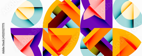 Abstract geometric composition with interlocking circular and angular shapes, featuring smooth gradients and sharp contrasts on a white background