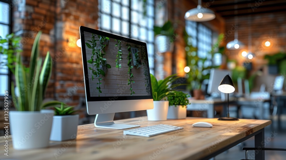 Fototapeta premium Modern Office Workspace with Plants and Natural Lighting Decor