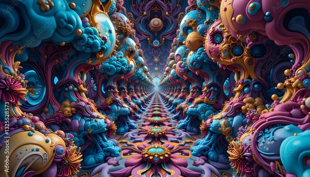 Fototapeta premium Surreal Fantasy Tunnel with Colorful Organic Structures and Infinite Perspective
