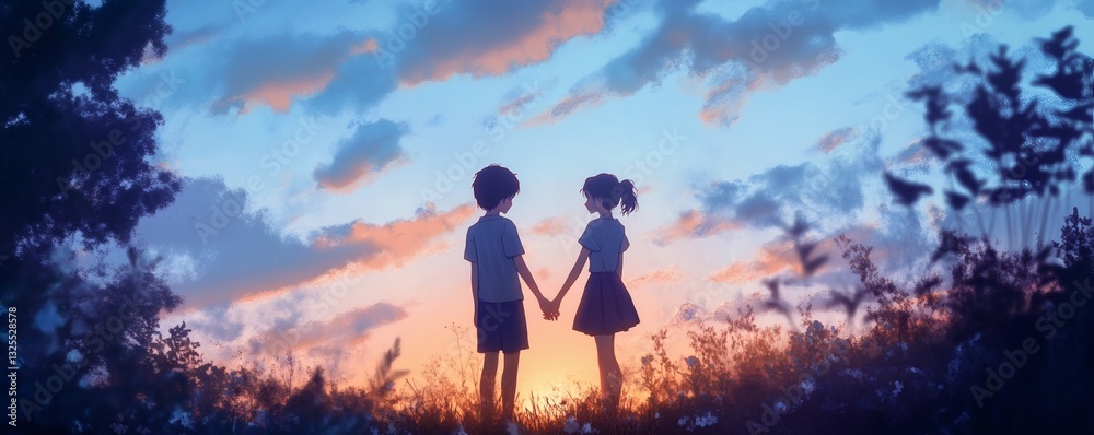 Fototapeta premium Two figures holding hands watching a beautiful sunset together