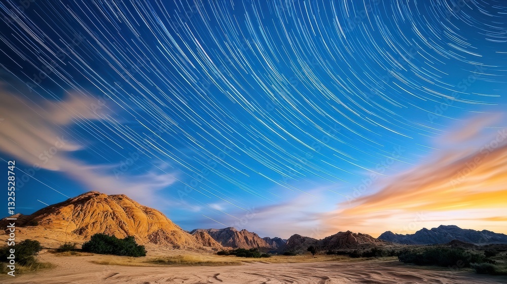 Naklejka premium Starry sky over rocky landscape at twilight.