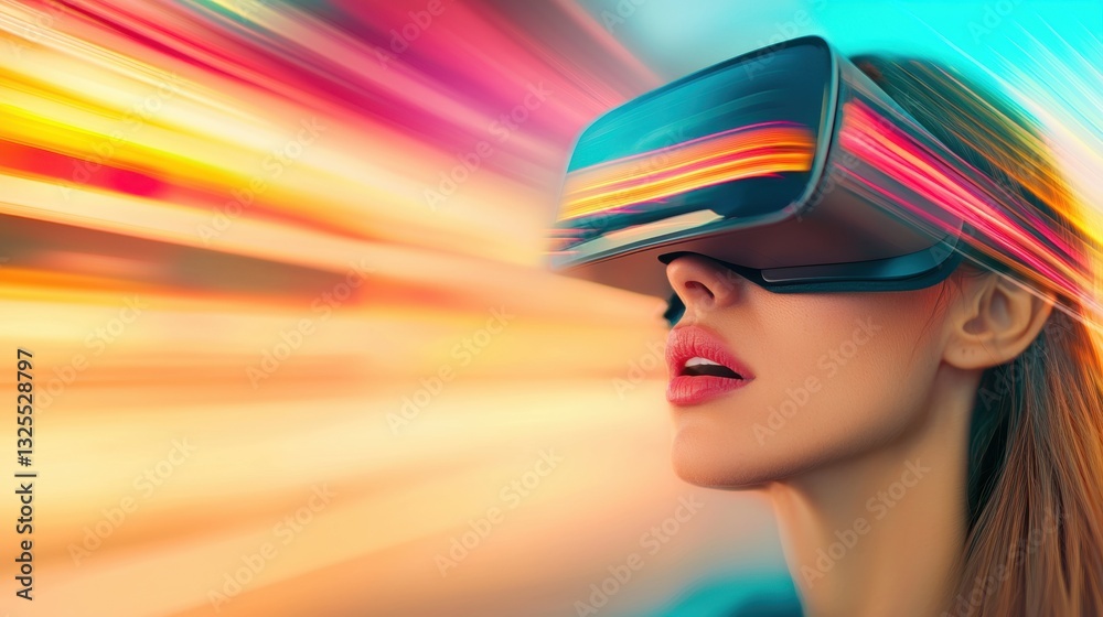 Fototapeta premium A woman experiencing virtual reality with vibrant effects.