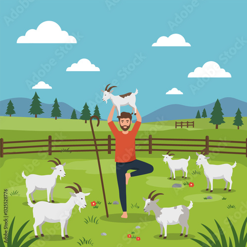 Man Balancing with Goat in Field Doing Yoga with Animals