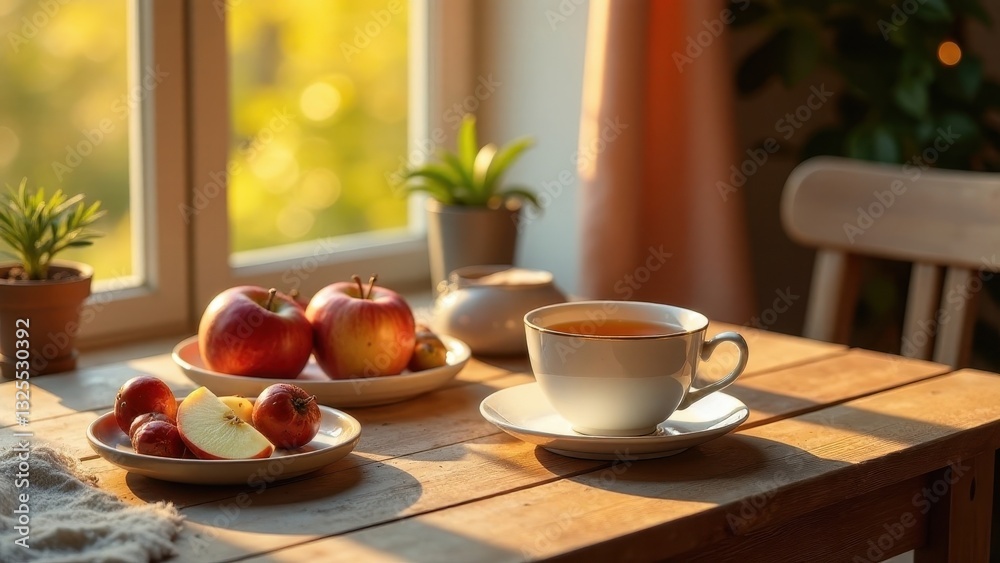 custom made wallpaper toronto digitalWarm autumn sunlight illuminates a tranquil scene a cup of tea, ripe apples, and small fruits rest on a rustic wooden table near a sunlit window.