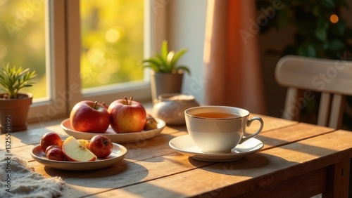 Wallpaper Mural Warm autumn sunlight illuminates a tranquil scene a cup of tea, ripe apples, and small fruits rest on a rustic wooden table near a sunlit window. Torontodigital.ca