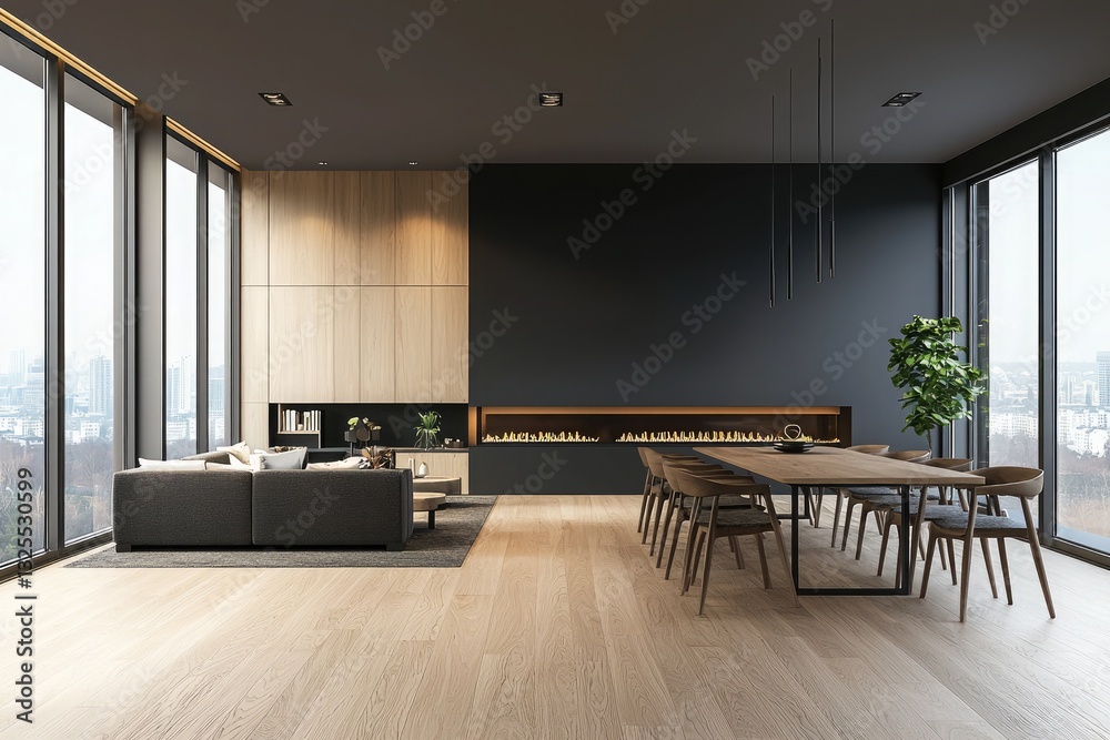 Fototapeta premium Modern living room interior with wood floor and fireplace, dining table against a dark wall, modern minimalist style home design concept
