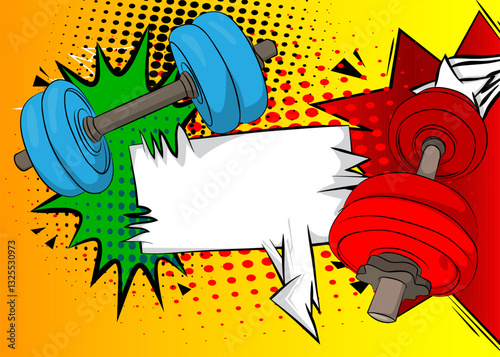 Cartoon Dumbbell with blank speech bubble, comic book Powerlifting background. Retro vector comics pop art design.