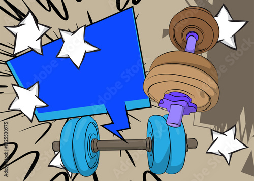 Cartoon Dumbbell with blank speech bubble, comic book Powerlifting background. Retro vector comics pop art design.