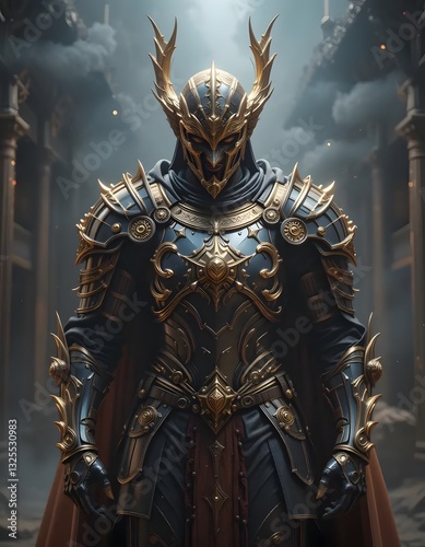 Warrior in Ornate Armor Standing Guard with Architectural Background