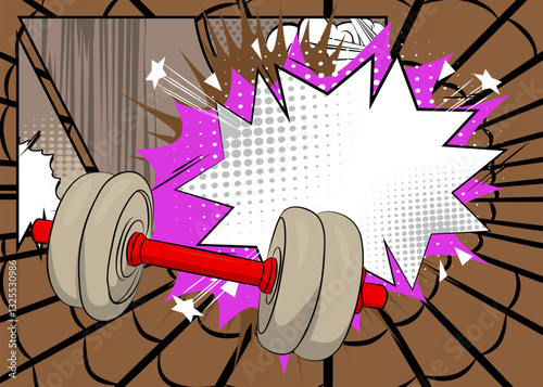 Cartoon Dumbbell with blank speech bubble, comic book Powerlifting background. Retro vector comics pop art design.