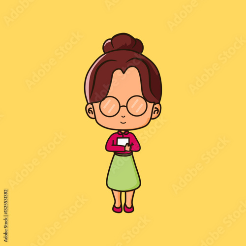 Adorable flat-style female teacher holding a book, with glasses and bun hairstyle