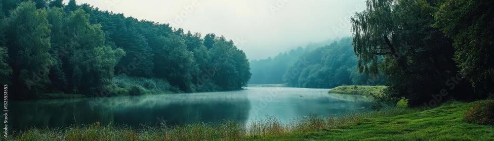 Serene landscape featuring a calm lake surrounded by lush trees. Serene landscape featuring a calm lake surrounded by lush trees.
