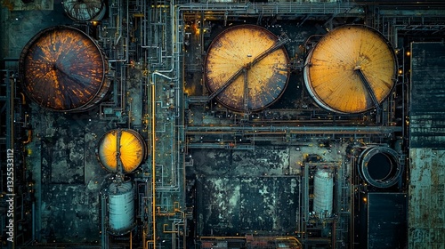 Aerial view of an industrial complex with large rusty tanks and intricate pipelines.