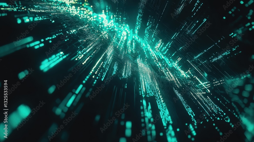 Generative AI, Futuristic Abstract Light Streaks in Neon Blue and Emerald Green